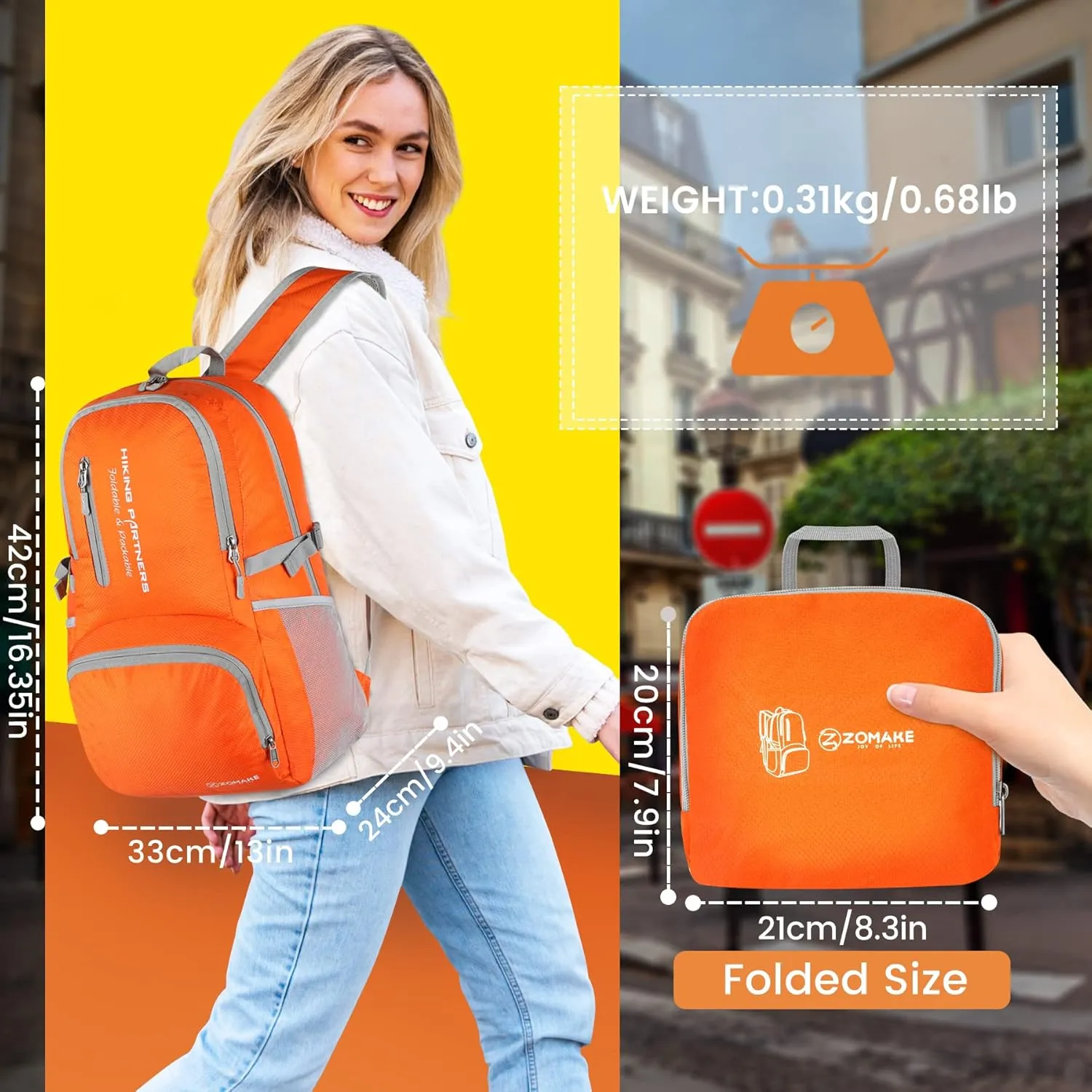 ZOMAKE Lightweight Packable Backpack, 35L Light Foldable Hiking Backpacks Water Resistant Collapsible Daypack for Travel(Orange)