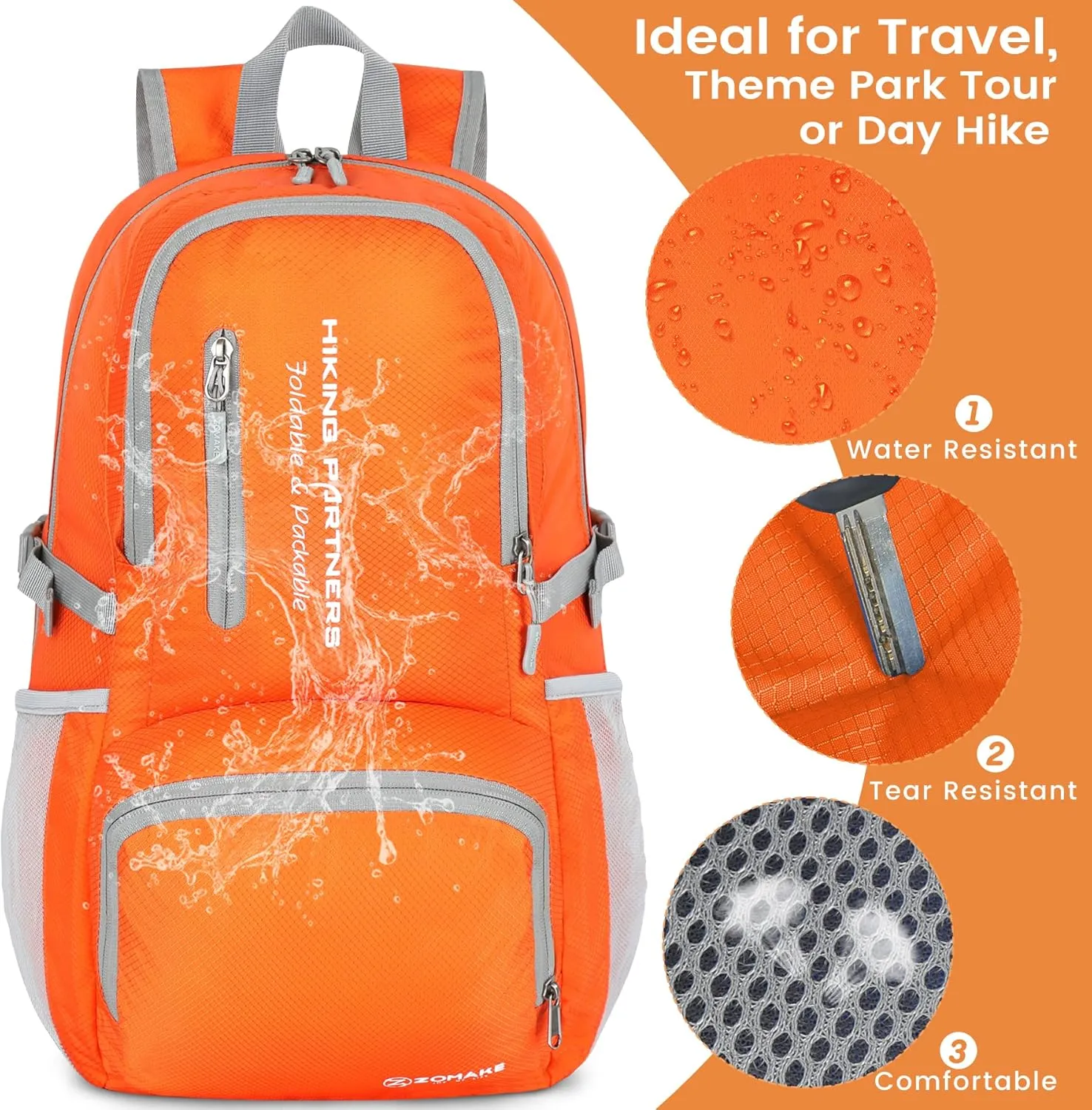 ZOMAKE Lightweight Packable Backpack, 35L Light Foldable Hiking Backpacks Water Resistant Collapsible Daypack for Travel(Orange)